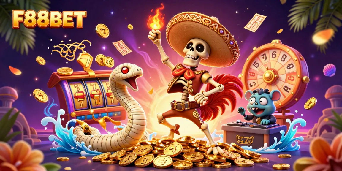 Experience excitement with F88BET's vibrant, thrilling casino scene featuring lively cartoon characters and gold coins.
