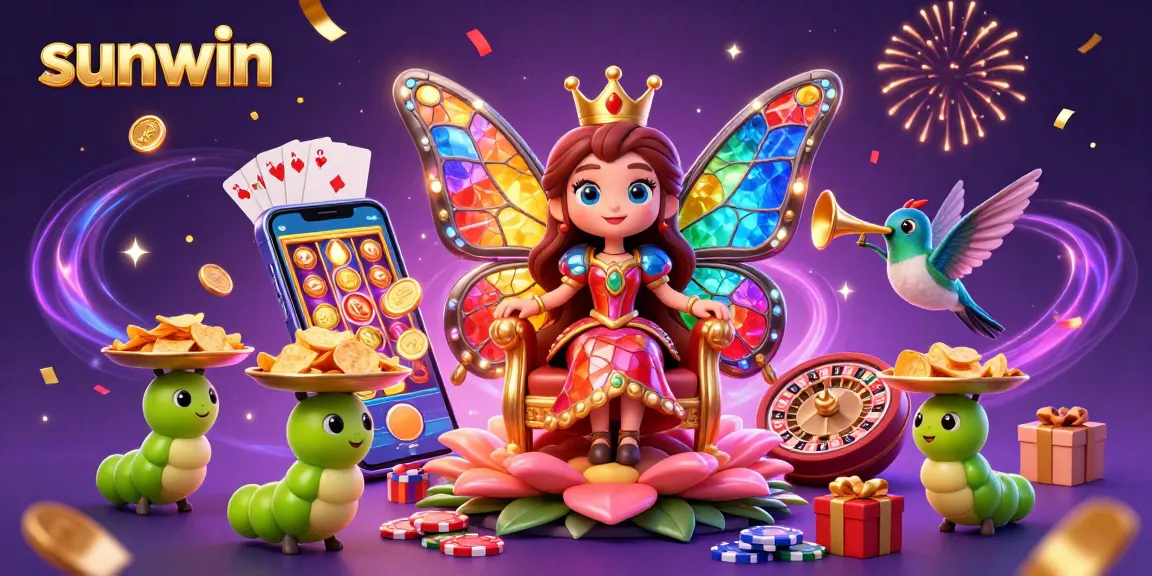 Experience the excitement of sunwin with a vibrant 3D illustration featuring a butterfly queen and gaming elements.