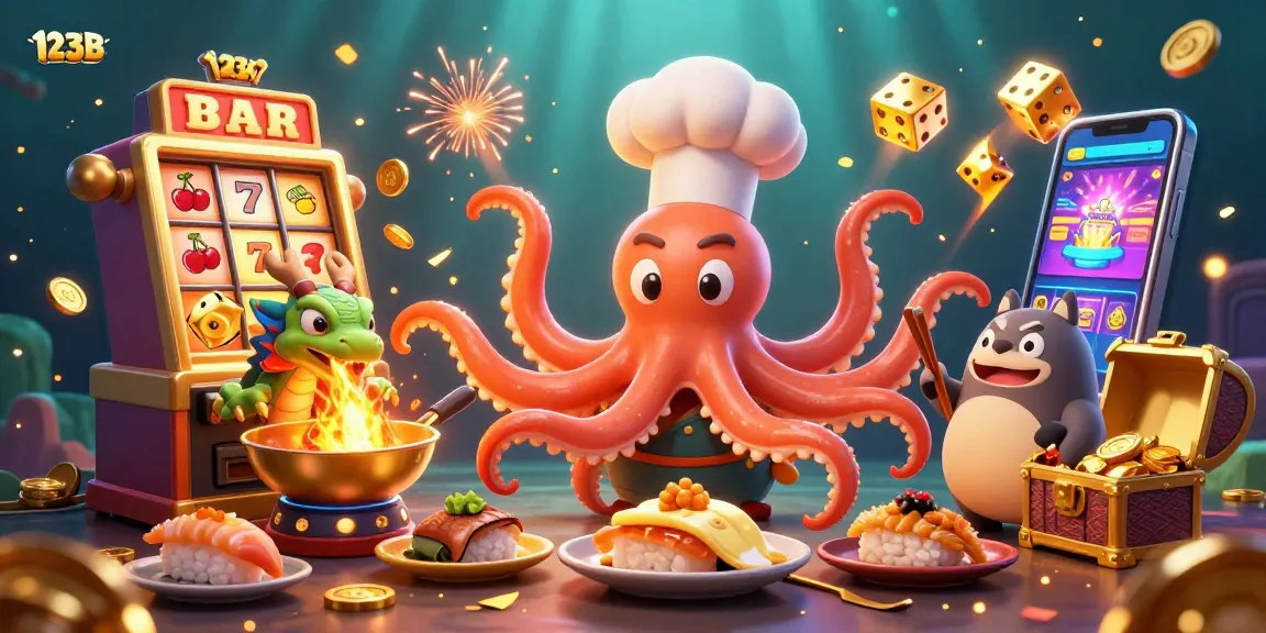 Experience thrilling gameplay at 123B with a cartoon sushi chef and colorful casino elements.