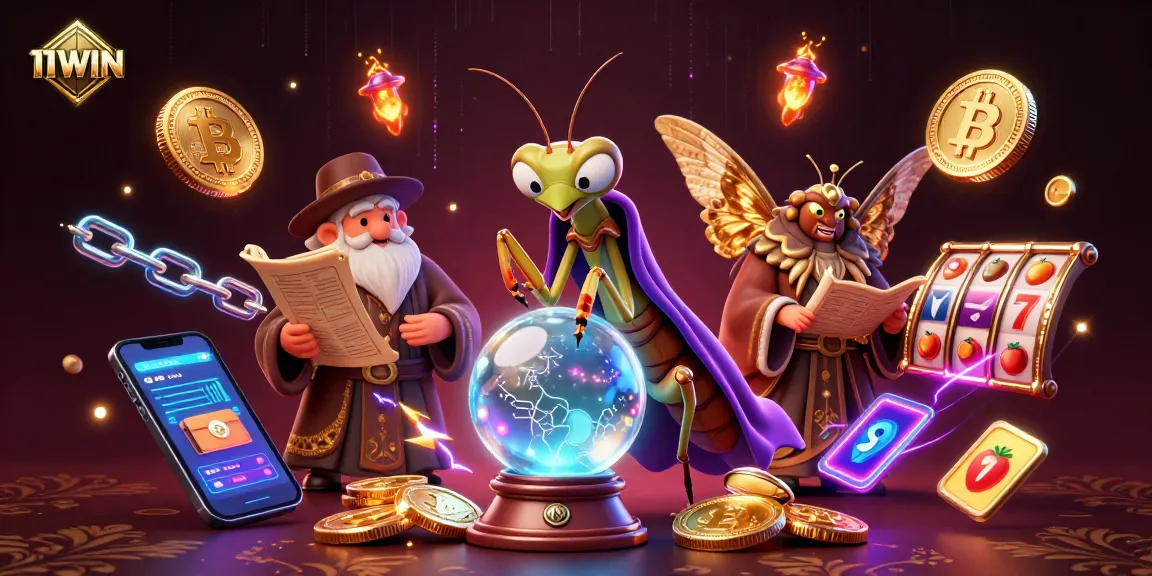 Engage with 11WIN's vibrant casino scene featuring a fortune teller and swirling energy
