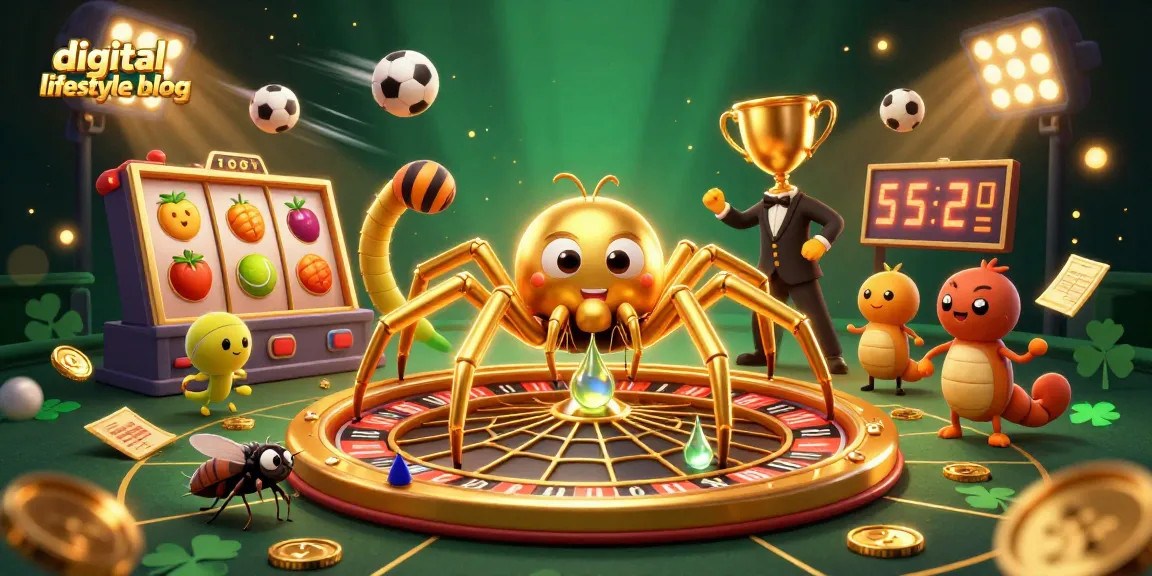 Experience the thrill of a digital lifestyle blog with a dynamic casino scene featuring a spider and a croupier.