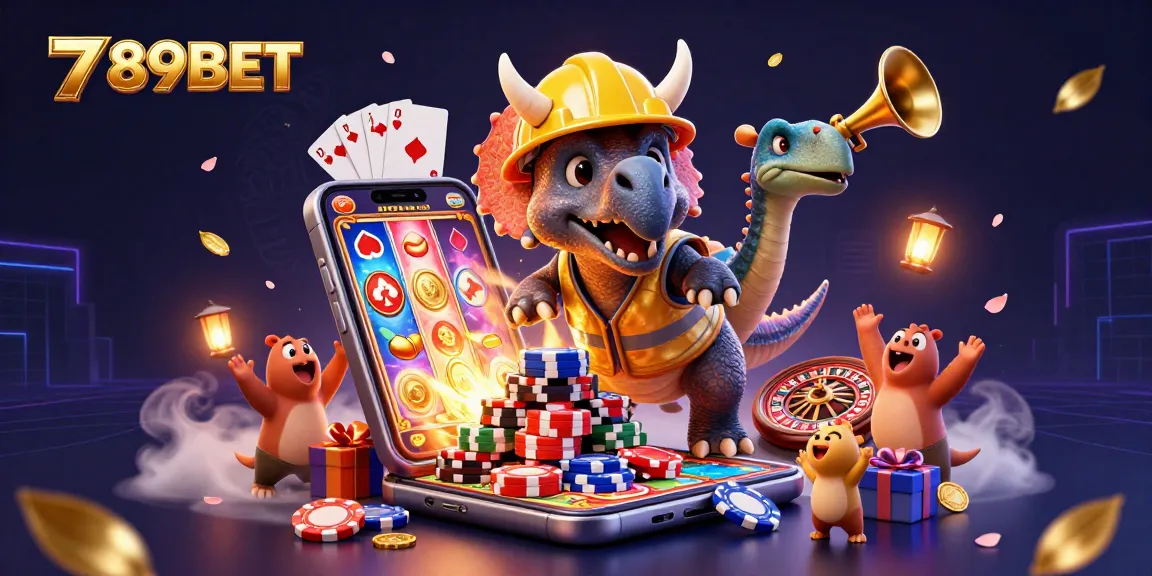 Experience thrilling action with 789BET as characters celebrate giant poker chip builds in a vibrant casino world.