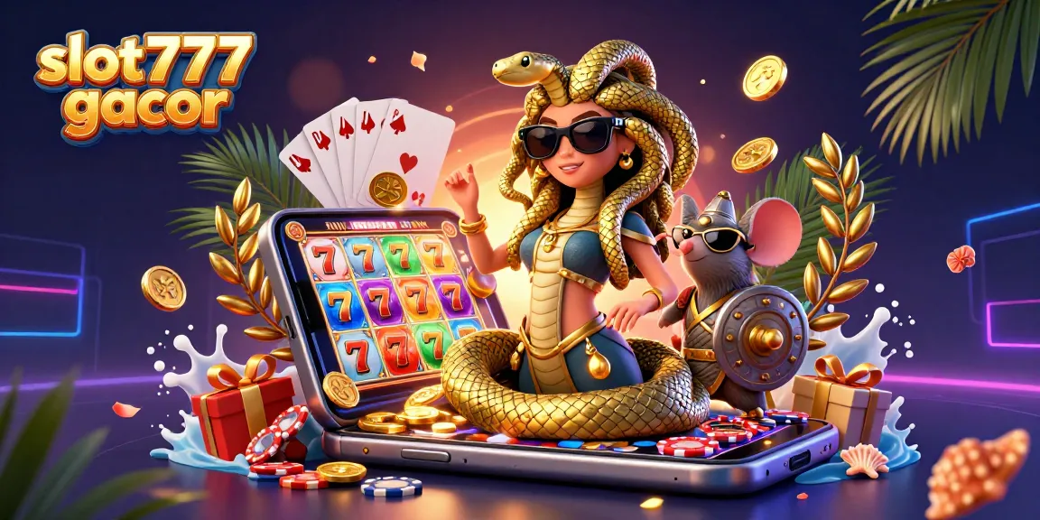 Engage with slot777 gacor by spinning colorful reels with Medusa and warrior mouse amidst dynamic gaming elements.