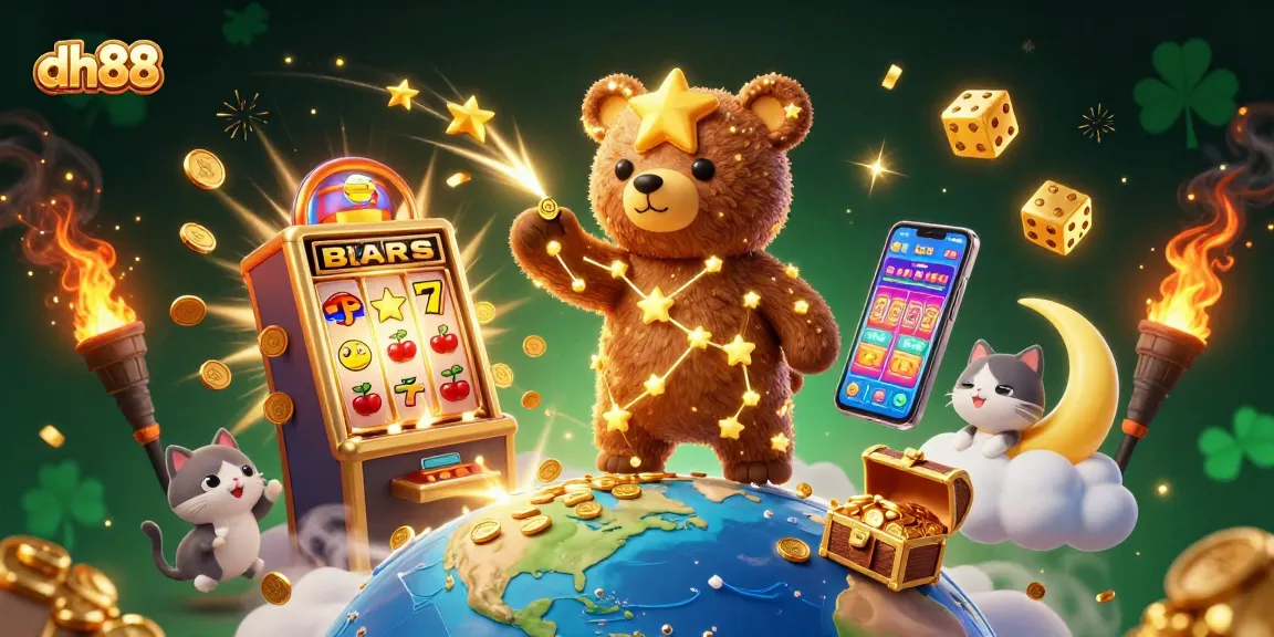 Join dh88's thrilling jackpot adventure with a constellation bear and shooting fish, surrounded by vibrant casino elements.