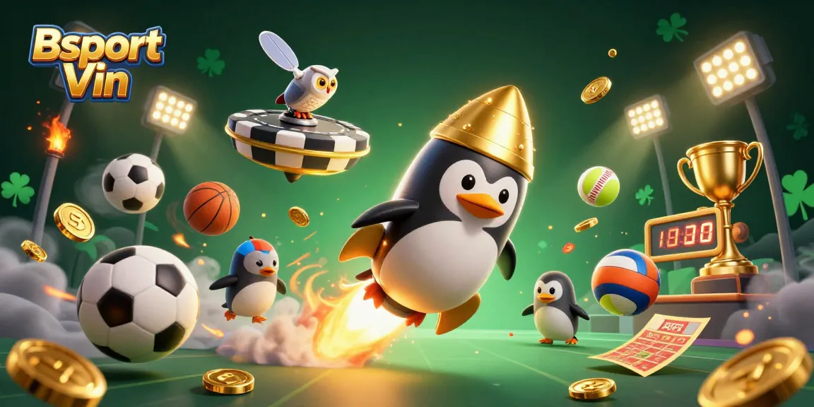 Experience Bsport Vin with a golden penguin in a dynamic space casino scene featuring sports elements.