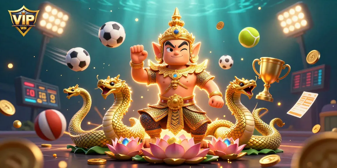 Experience thrilling games at VIPWIN with a vibrant 3D scene showcasing sports elements and engaging characters.