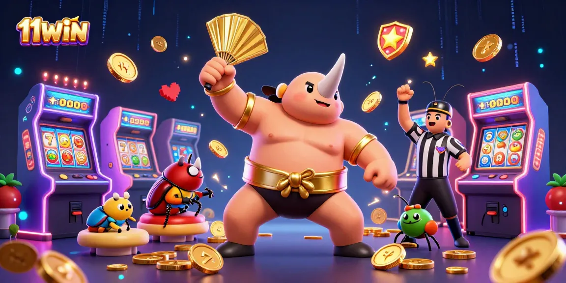 Experience 11WIN with the dynamic power of a sumo beetle champion amidst vibrant casino elements.